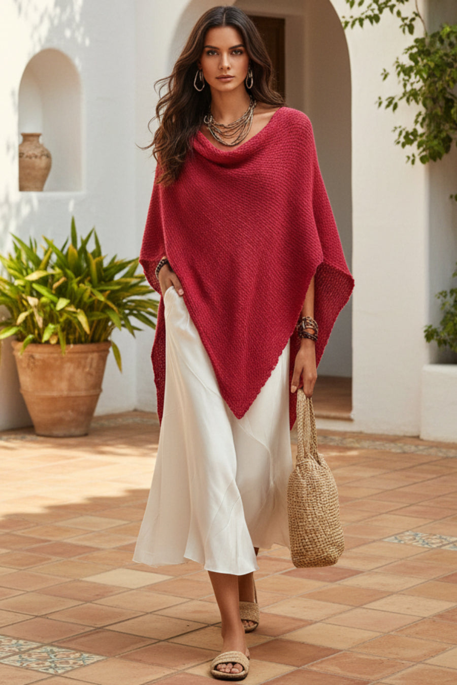 Women's Open-Knit Asymmetric Cape & Ruched V-Neck Fluid Maxi Dress Set