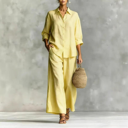 Cotton-Linen Shirt & Wide-Leg Pants Suit – 6 Colors, S–5XL