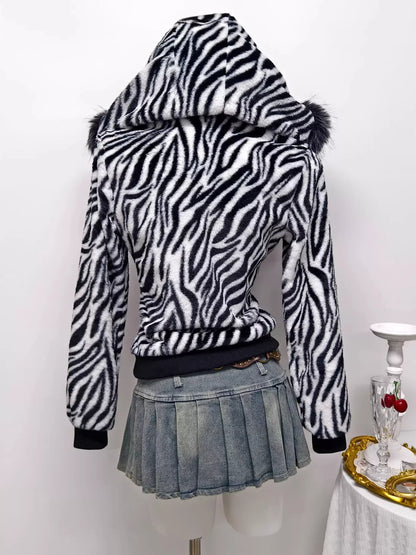 Zebra Faux Fur Hooded Zip-Up Outerwear