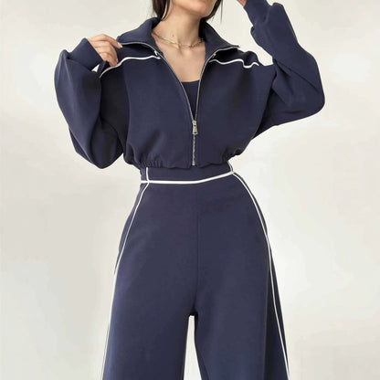 Women's Contrast-Piped Wide-Leg Jumpsuit & Cropped Zip Jacket Set