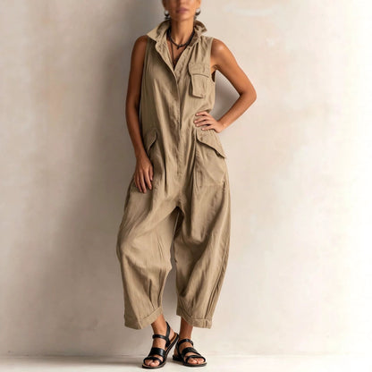 Women's Cotton Sleeveless Cargo Jumpsuit – Wide Leg Multi-Pocket