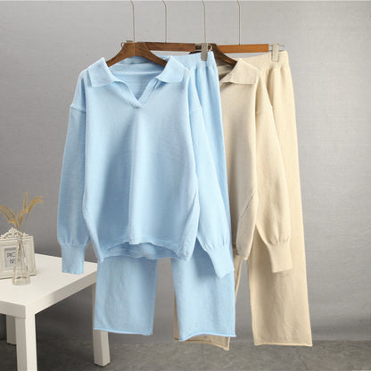 Solid Color Lapel Sweater Set for Women