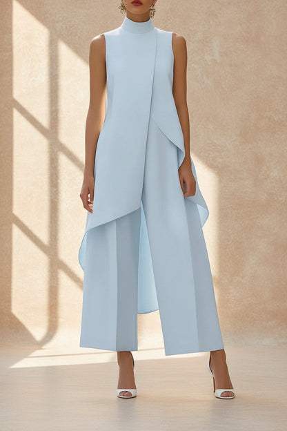 Women's Mock Turtleneck Sleeveless Asymmetric Cascade Drape Longline Top & Wide-Leg Cropped Trouser Set