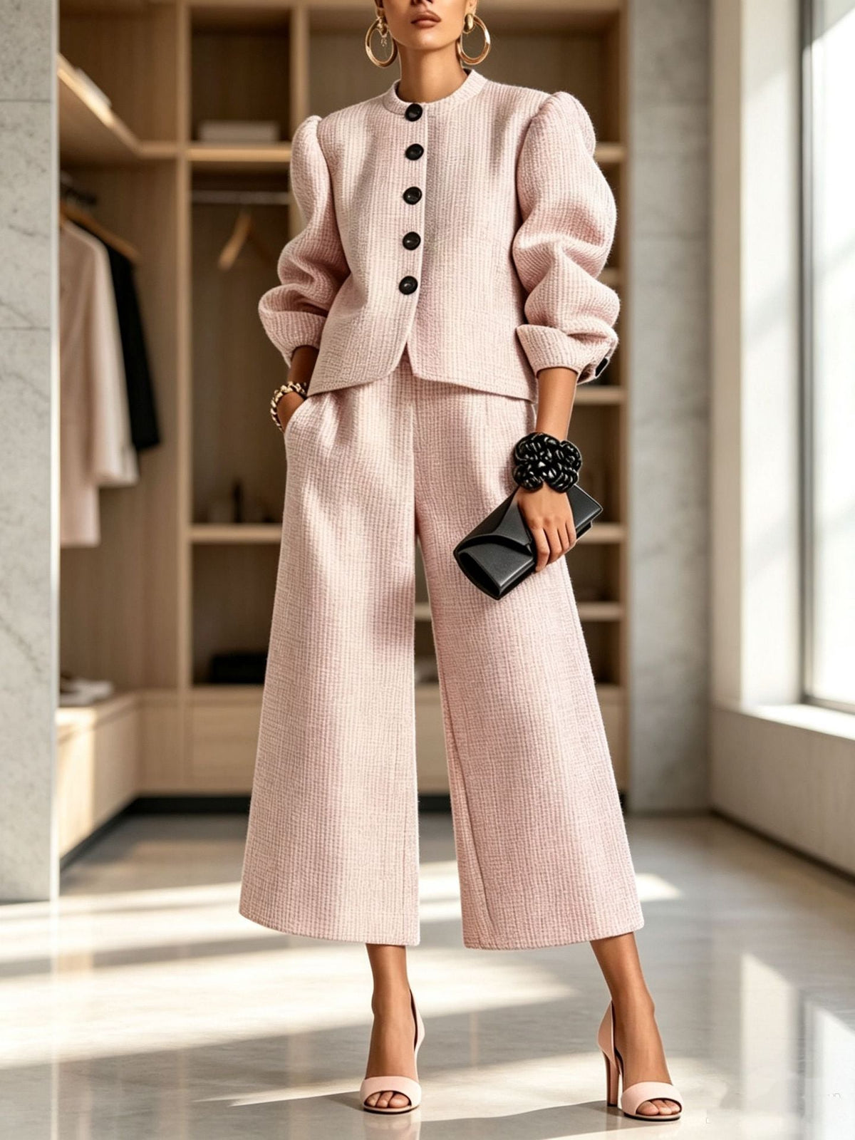 Women's Textured Puff-Sleeve Jacket & Cropped Wide-Leg Pants Set