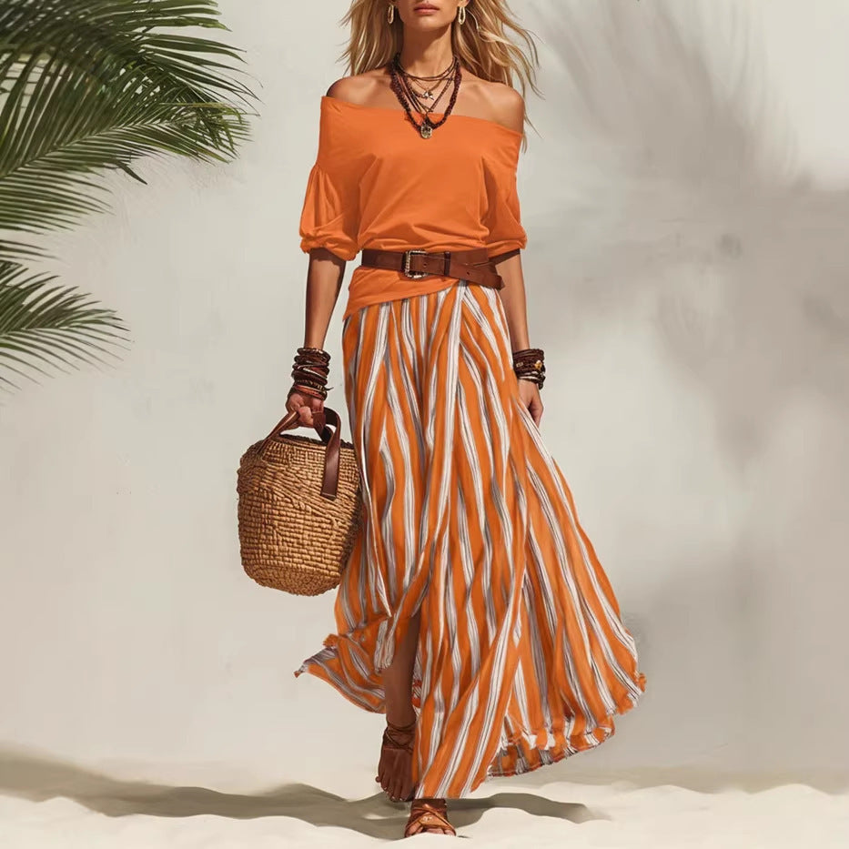 Women's One-Shoulder Bubble Sleeve Top & Stripe Skirt 2-Piece Set