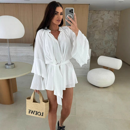Women's V-Neck Lace-Up Irregular Hem Loose Dress