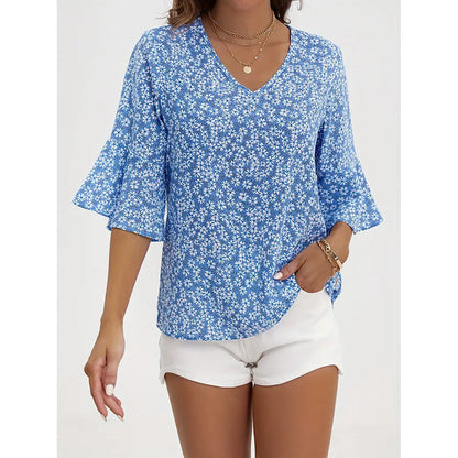 Womens Summer Floral Print Blouses V-Neck Flare Sleeve Tops
