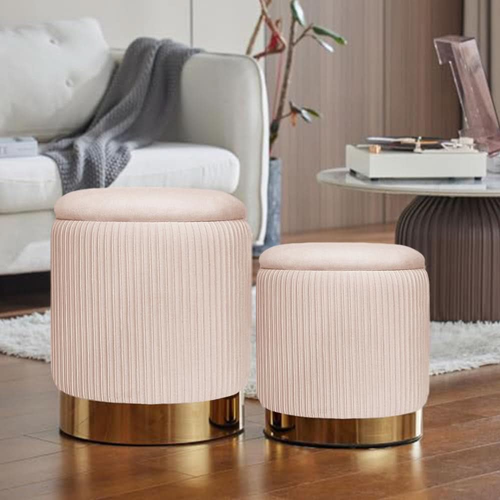 Bubblegum Pink Velvet Circular Ottoman With Storage