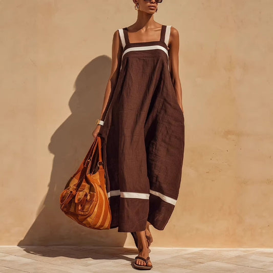 Women's Contrast Strap Casual Loose Midi Dress – Linen Blend