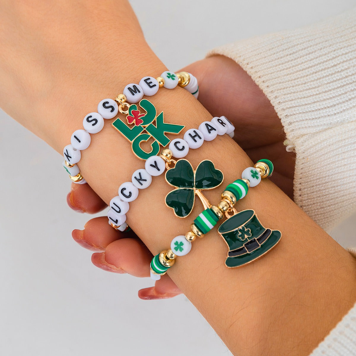 Leafy Clover Letter Bracelet Simple Green Beaded Bracelet