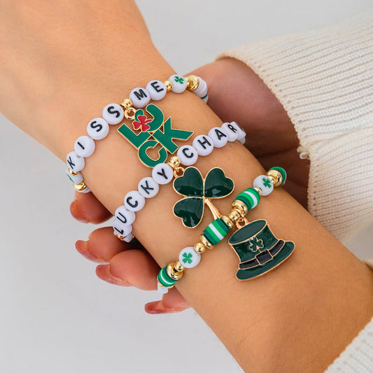 Leafy Clover Letter Bracelet Simple Green Beaded Bracelet