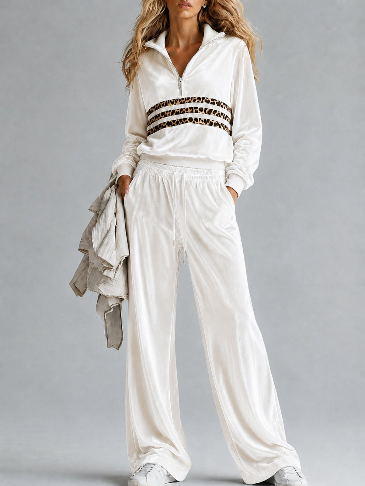 Women's Velvet Half-Zip Leopard Stripe Pullover & Wide-Leg Drawstring Trouser Tracksuit Set