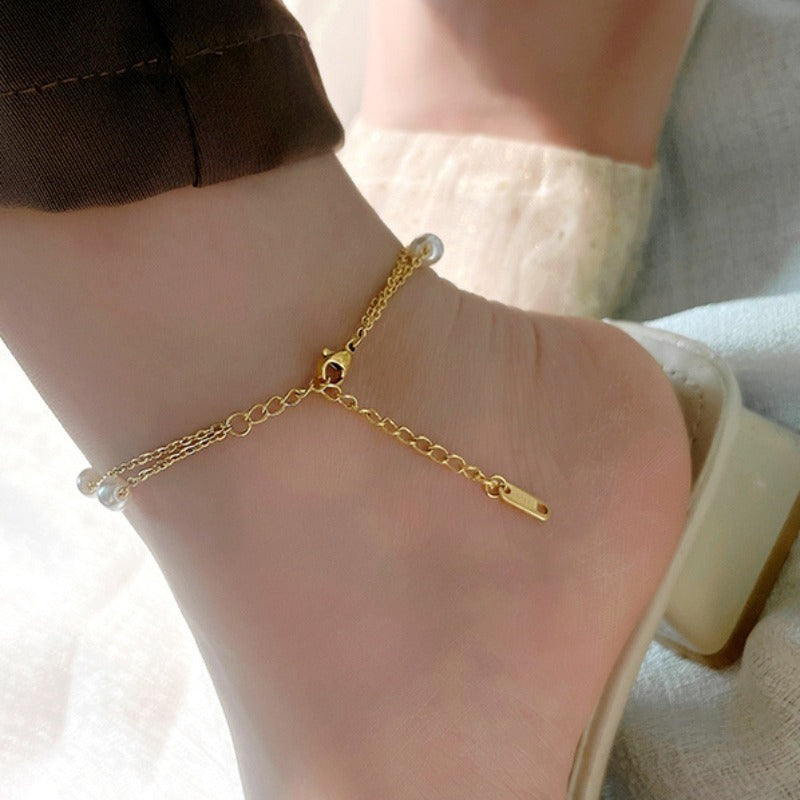18k gold double pearl butterfly pendant shell foot ring titanium steel anklet
