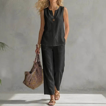 Women's Sleeveless V-Neck Top & Full-Length Pants Two-Piece Set