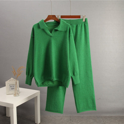 Solid Color Lapel Sweater Set for Women