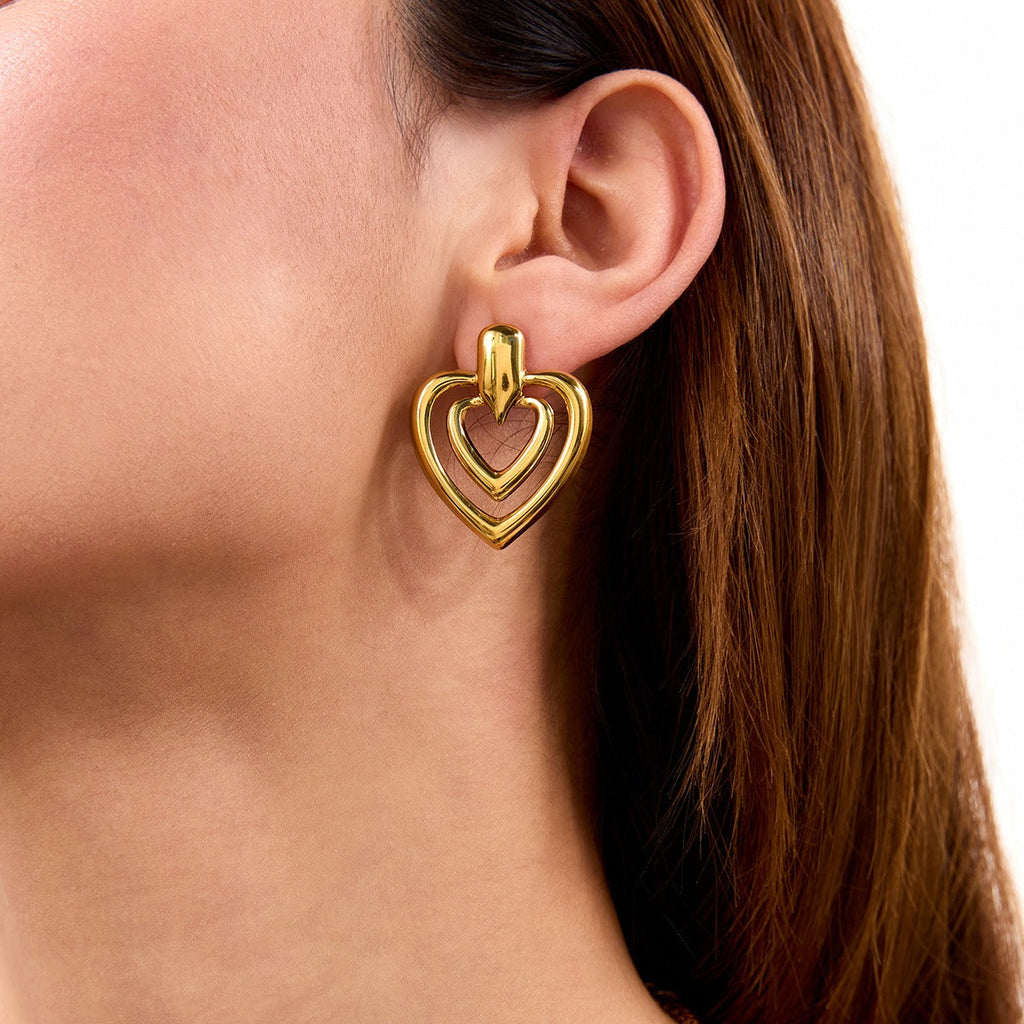 18K gold double-layer heart with hollow design simple and elegant earrings
