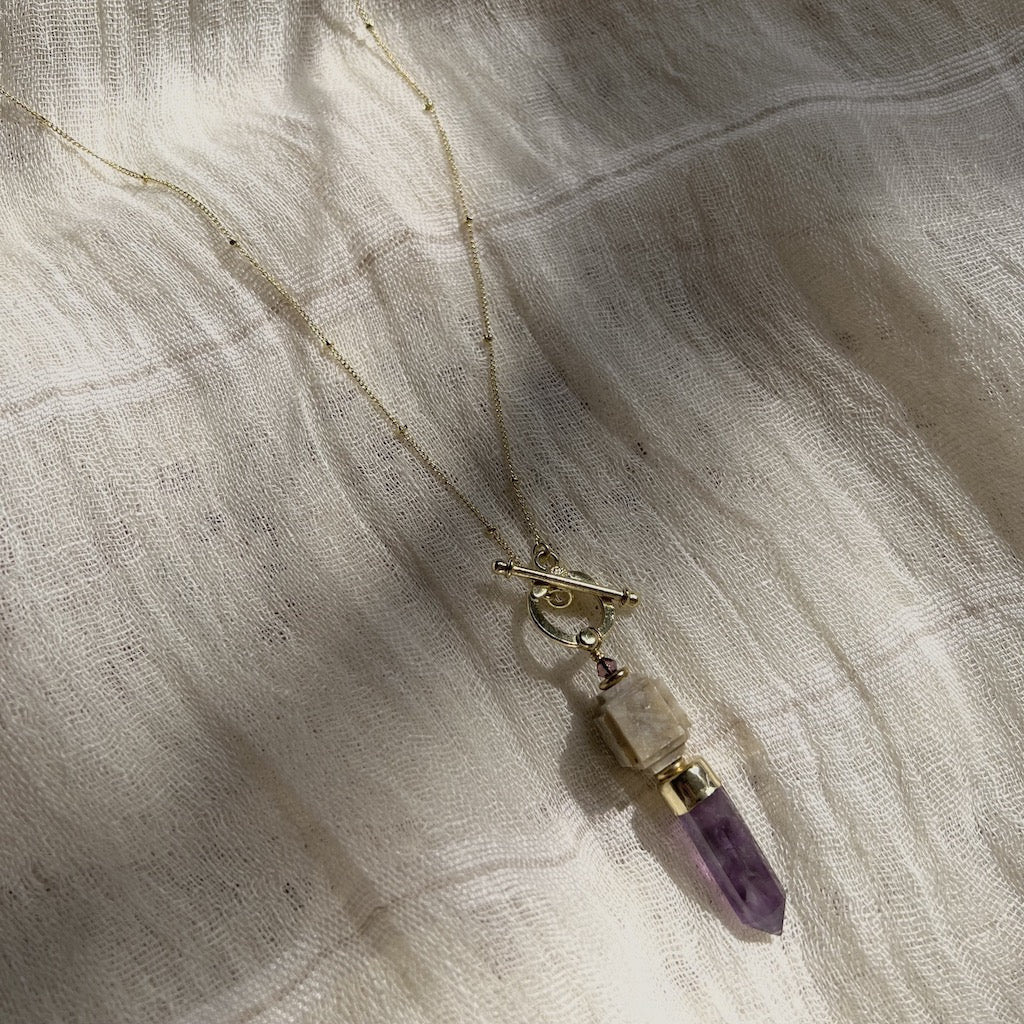 Amethyst Lariat Necklace Satellite Chain Bar Circle Closure Polished Pendant