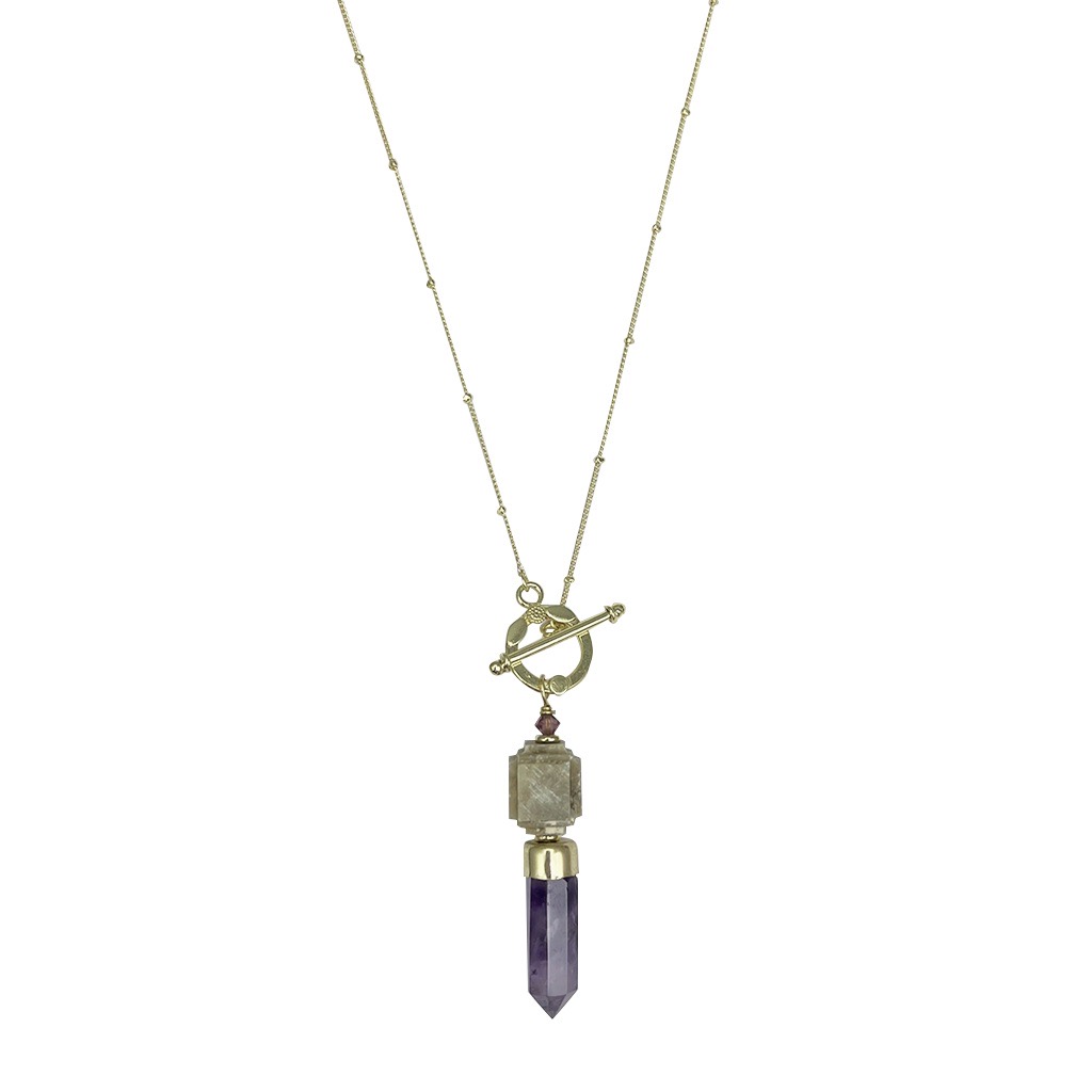 Amethyst Lariat Necklace Satellite Chain Bar Circle Closure Polished Pendant