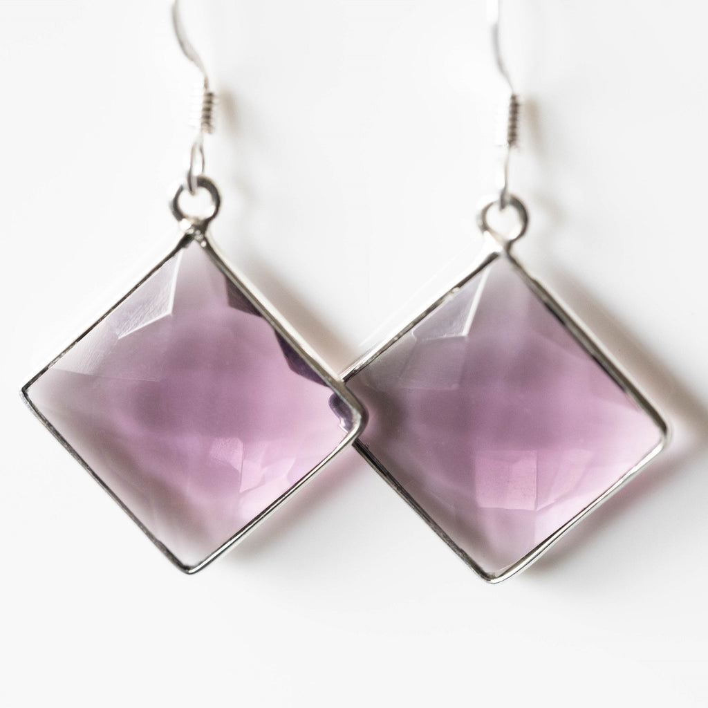 Amethyst Square Drop Earrings Silver Frame Faceted Dangle