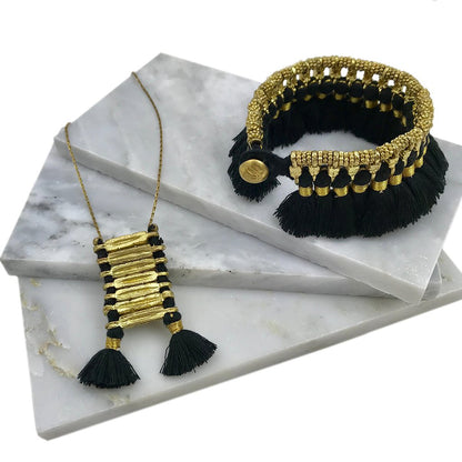 Temple Necklace Boho Indian Oxidized Zinc Alloy Cotton Tassel 17in Handmade