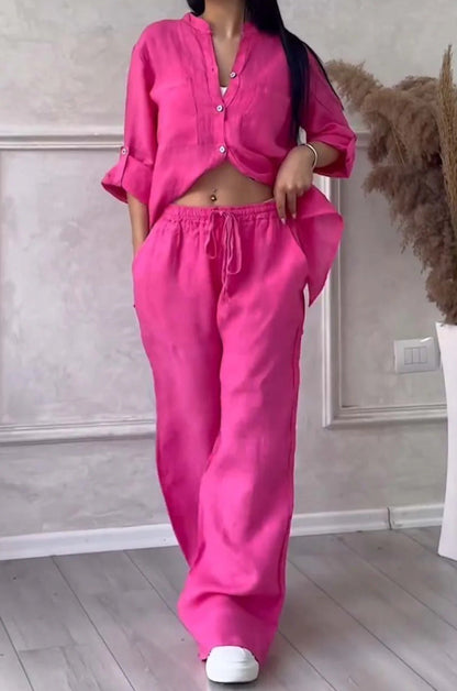 Wide-Leg Pants & Lace-Up Top Two-Piece Set – Solid Color, 12 Colors S–5XL