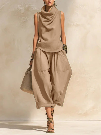 Women's Draped Cowl-Neck Sleeveless Top & Voluminous Balloon Lantern Trouser Set