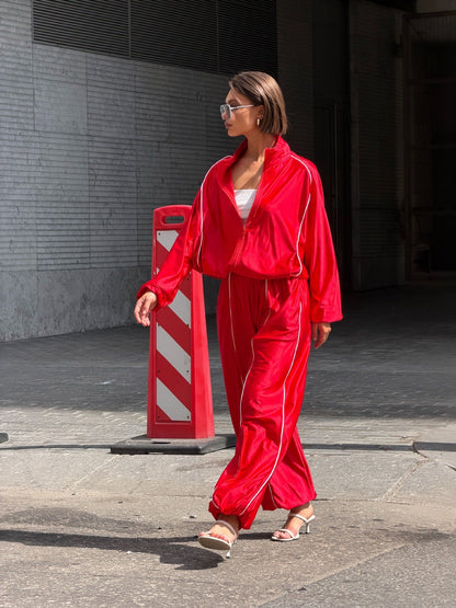Women's Satin-Finish Zip Track Jacket & Wide-Leg Pants Set