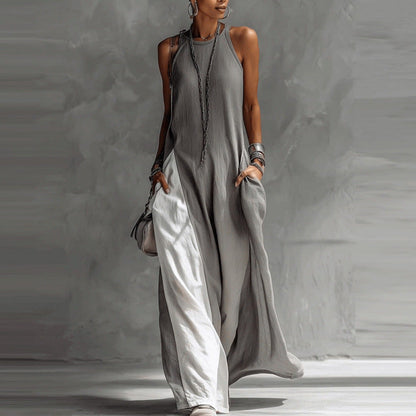 Women's Sleeveless Loose Contrast Color Dress with Pockets