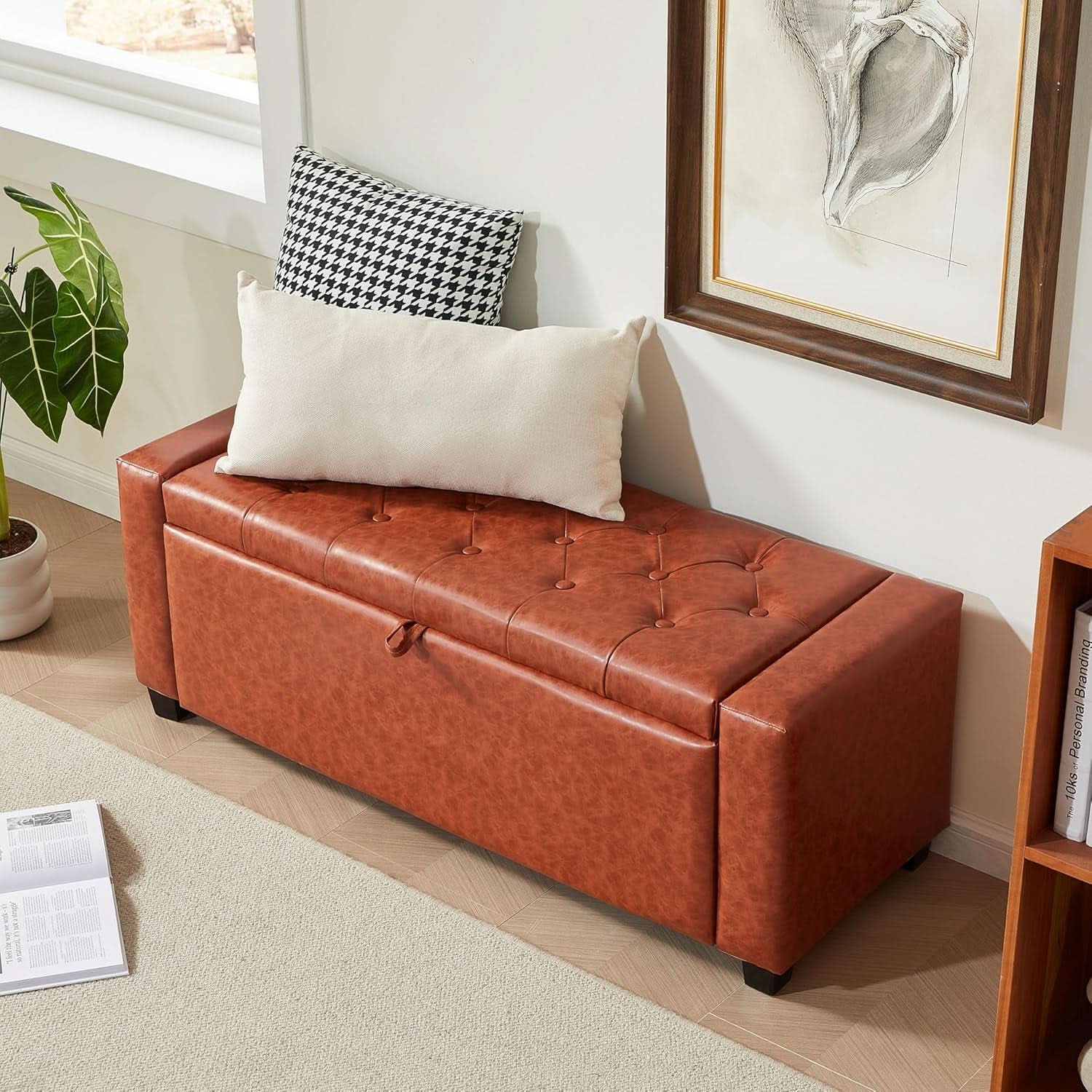 Storage Ottoman Tufted Leather Reddish Brown Bench