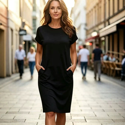 Solid-Colour Crew Neck Midi Dress with Pockets