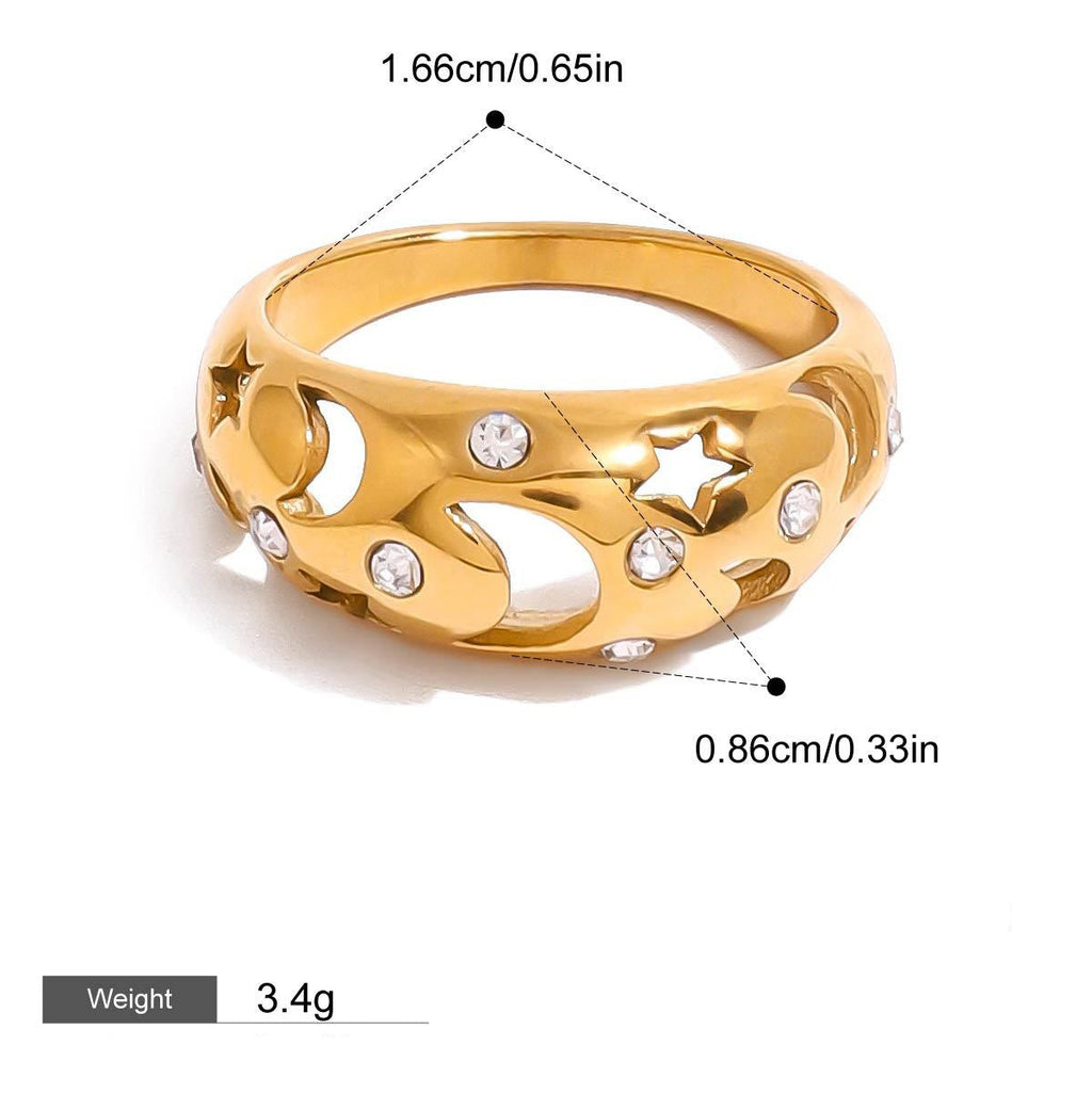 18K gold star and moon hollow with gemstone design exquisite noble ring