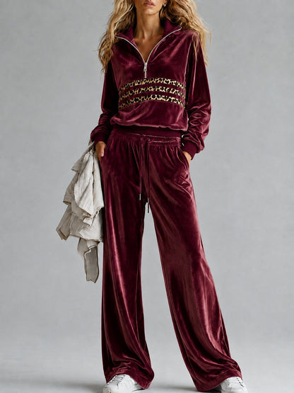 Women's Velvet Half-Zip Leopard Stripe Pullover & Wide-Leg Drawstring Trouser Tracksuit Set