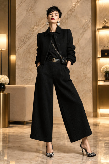 Women's Textured Cropped Jacket & Wide-Leg Pants Set