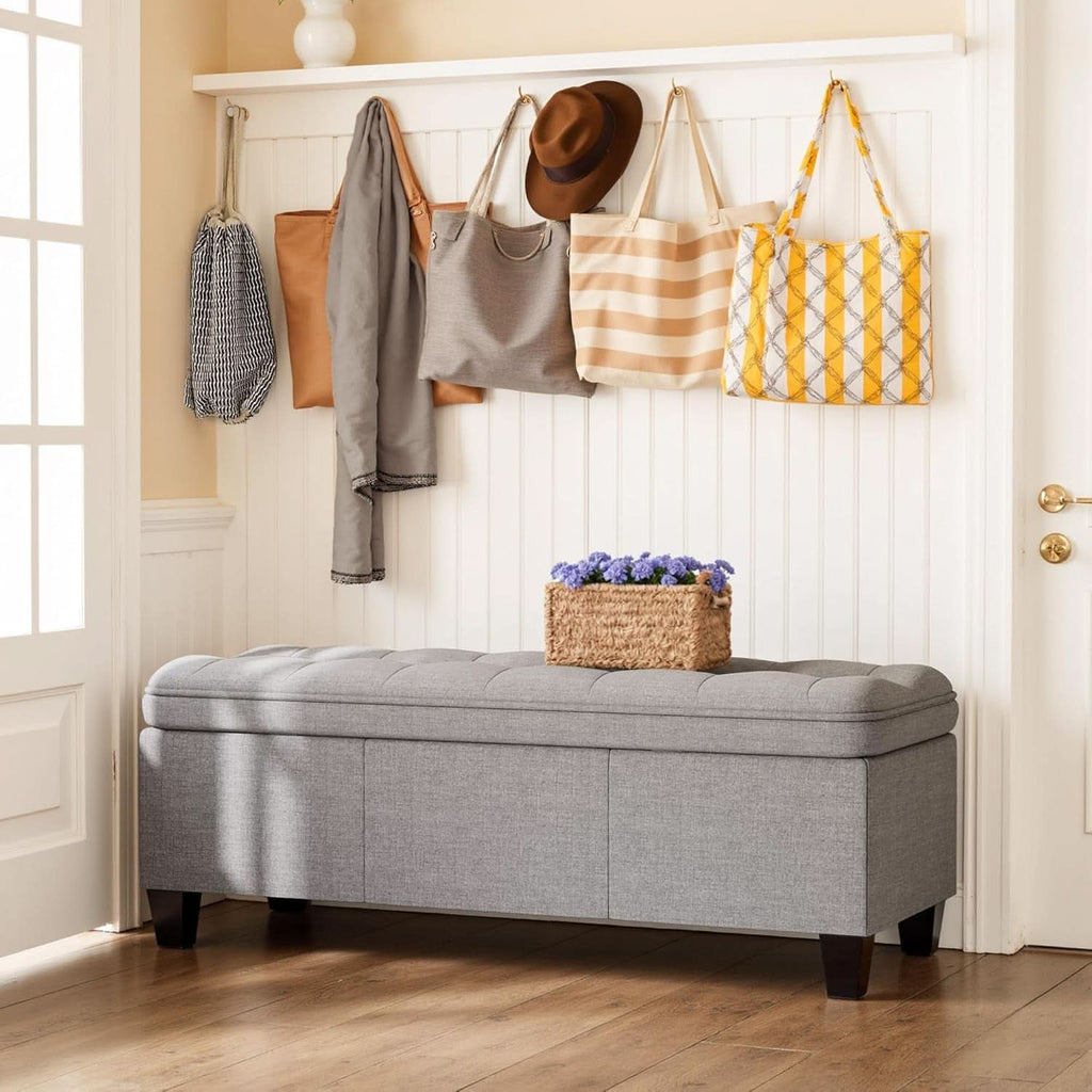 Forty Seven Inch Storage Ottoman Bench Linen Gray Fabric