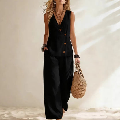 Women's Button-Up Cardigan Vest & Pants Set – Sleeveless Two-Piece
