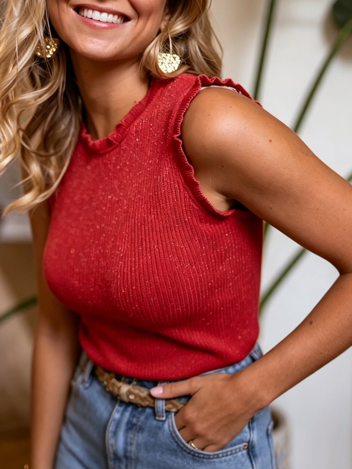 Women's Ribbed Stretchy Sleeveless Tank Top – Wide Strap Crew Neck
