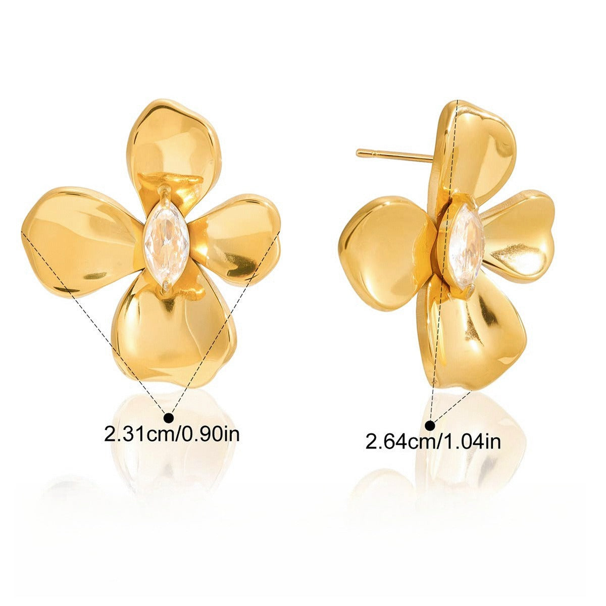 18K gold-plated, luxurious and high-end titanium steel flower-shaped stud earrings with cubic zirconia.