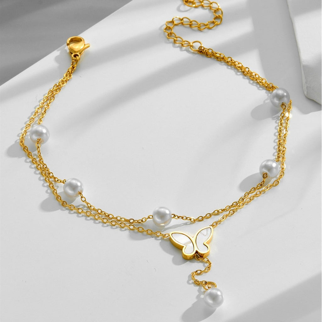 Light luxury multi-layer stacked pearl butterfly tassel titanium steel anklet