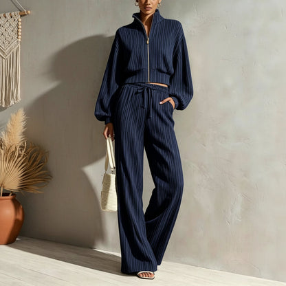 Women's Textured Woven-Stripe Puff-Sleeve Zip Jacket & Wide-Leg Pants Set