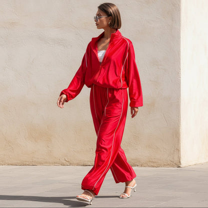 Women's Satin-Finish Zip Track Jacket & Wide-Leg Pants Set