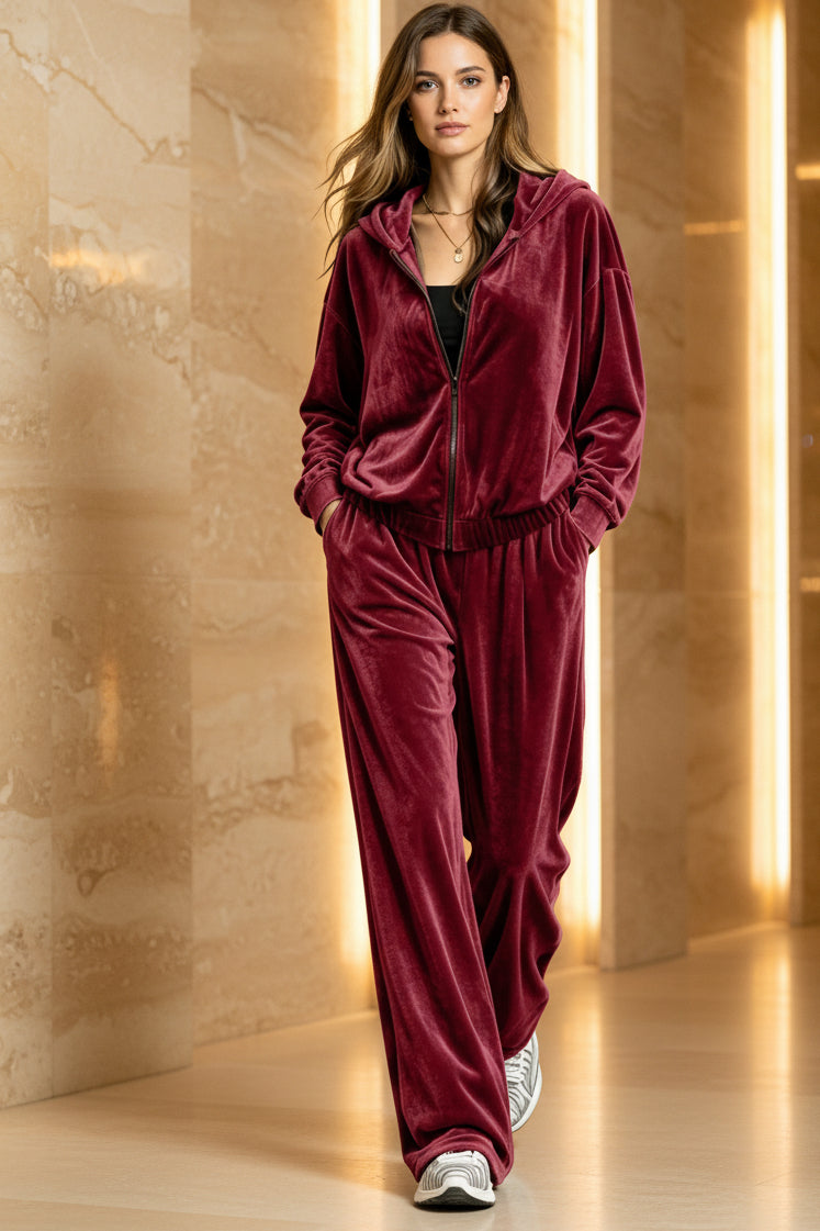 Women's Velvet Zip-Up Hoodie & Wide-Leg Pants Set