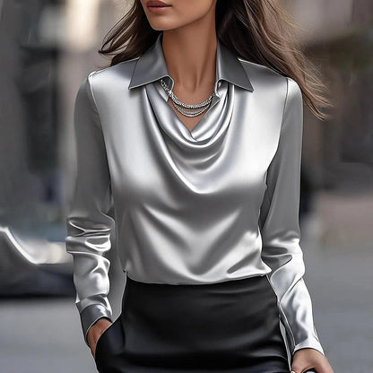 Long Sleeve Satin Swing Collar Top | Elegant Commuter Shirt