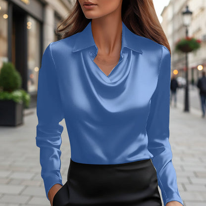 Long Sleeve Satin Swing Collar Top | Elegant Commuter Shirt