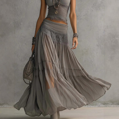 Women's Ribbed Knit Fringe-Hem Crop Top & Tiered Crinkle Chiffon Maxi Skirt Boho-Luxe Set