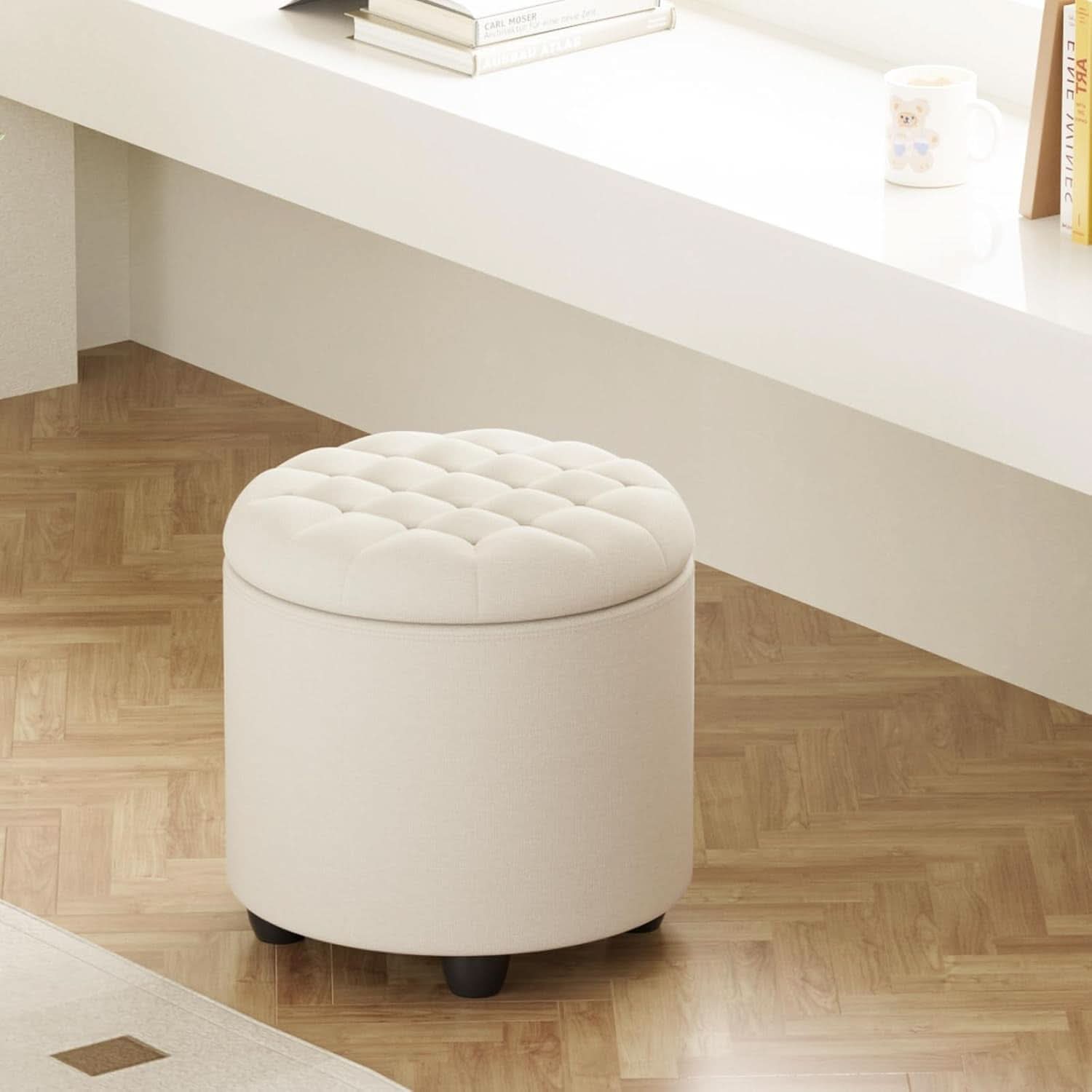 Beige Round Storage Ottoman Featuring Removable Lid