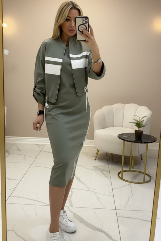 Women's Zip-Up Bomber Track Jacket & Bodycon Midi Dress Set