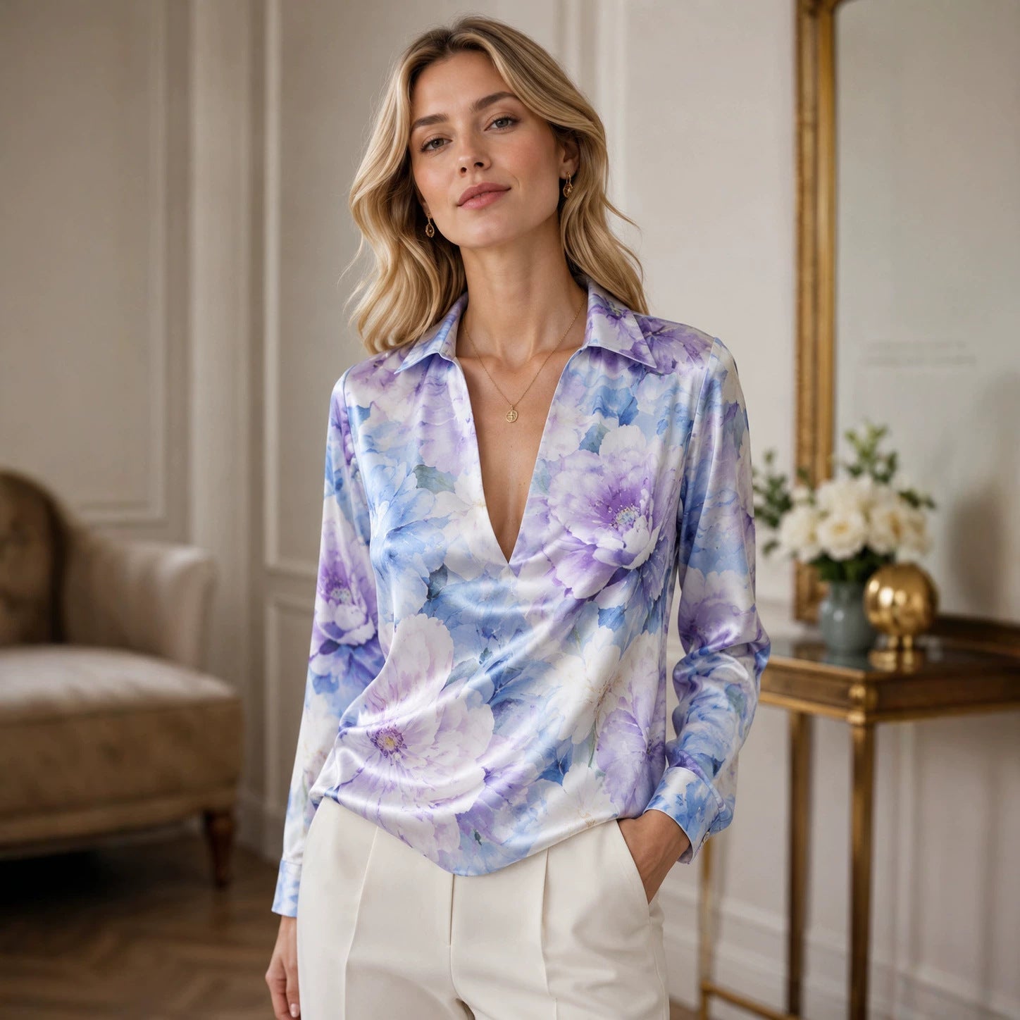 Women's Retro Ink-Wash Floral Satin Blouse – Deep V-Neck Lapel