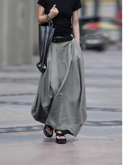 Women's High-Waist Flared Maxi Skirt – Solid Color Cotton Linen with Pockets