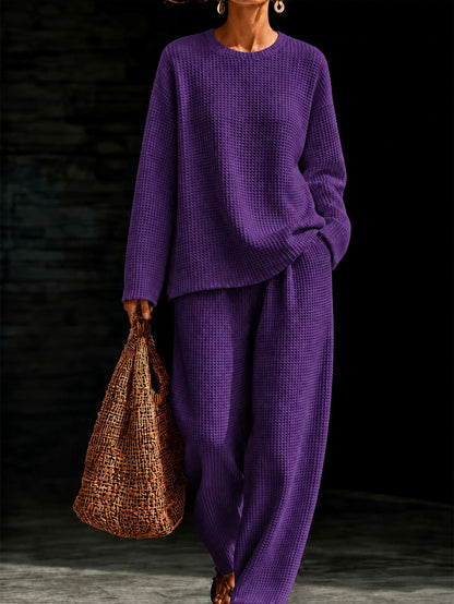 Women's Waffle Knit Oversized Crew-Neck Pullover & Relaxed Wide-Leg Trouser Lounge Co-ord Set