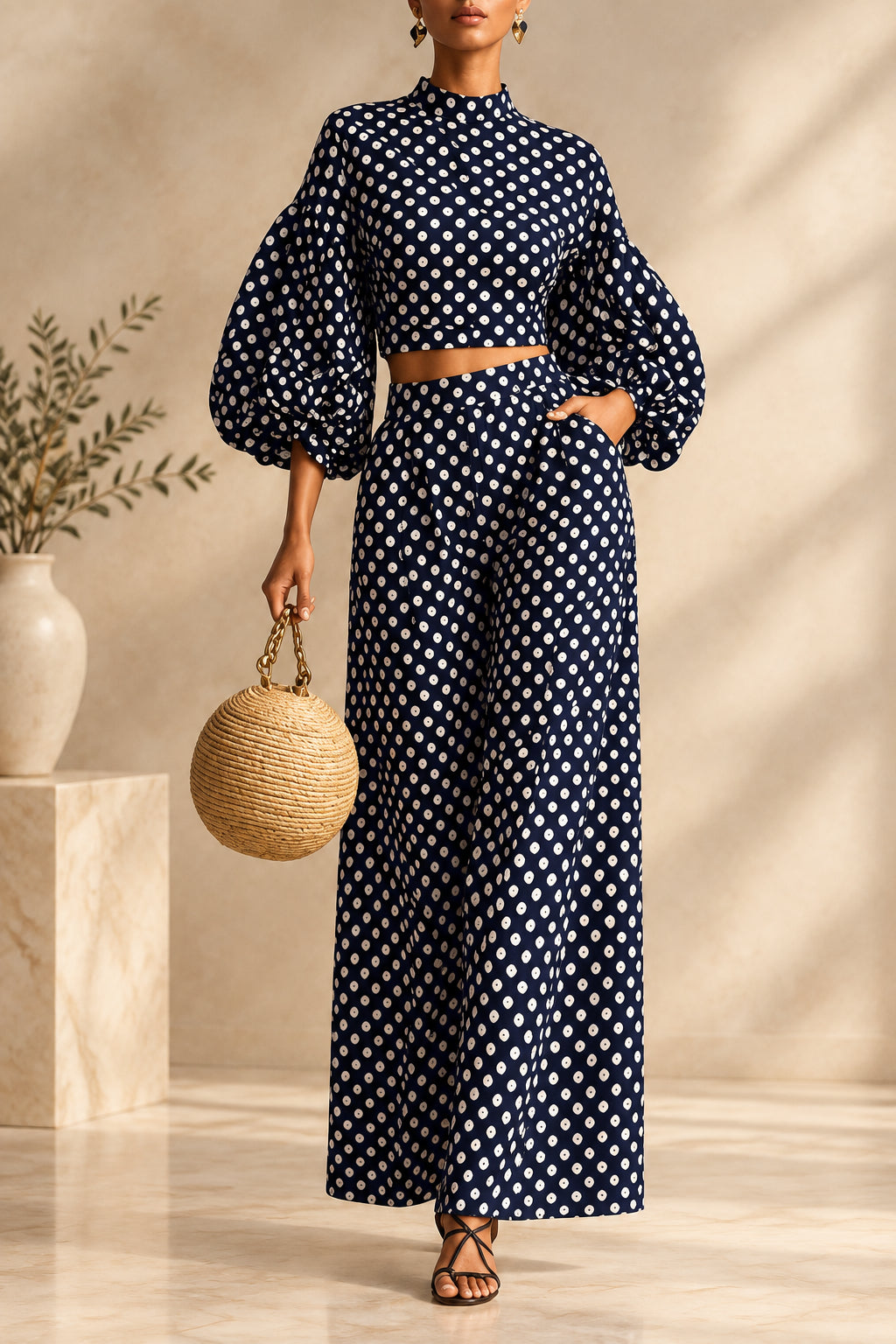 Women's 2-Piece Polka Dot Set – Lantern-Sleeve Mock-Neck Crop Top & High-Waisted Wide-Leg Trouser